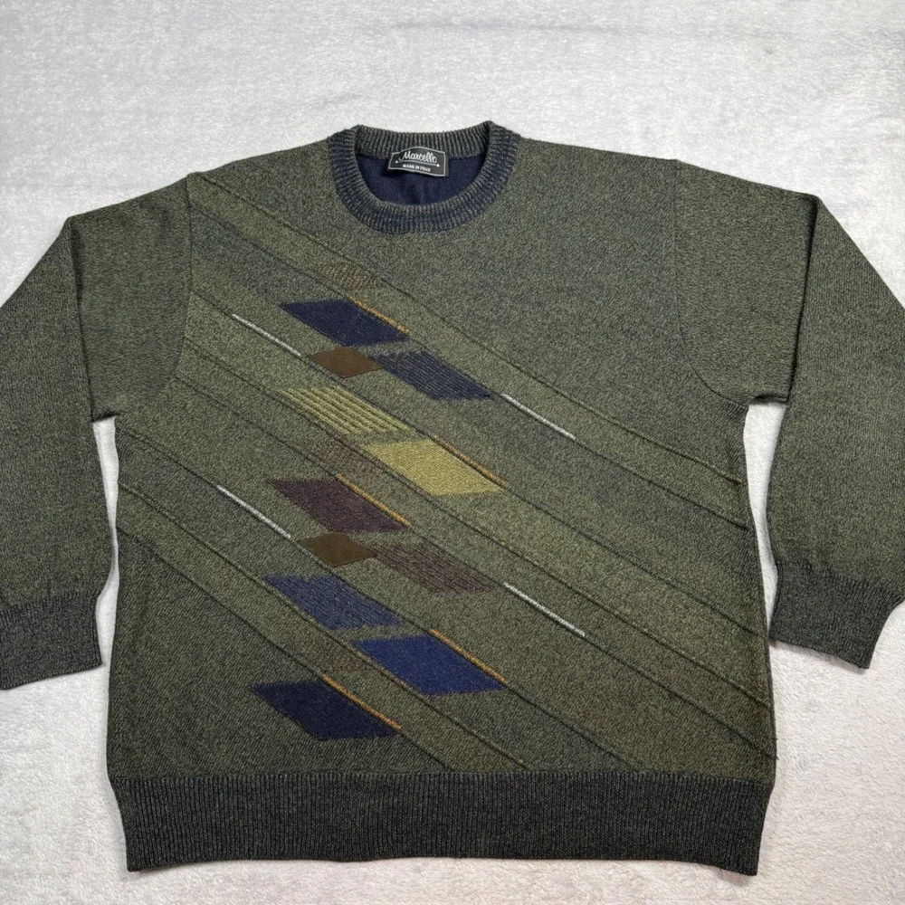 Marcello‎ Large Sweater Mens Green Wool Blend Made in Italy Geometric Crewneck
